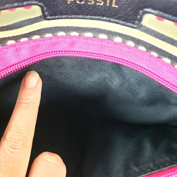 Women's Fossil Boho Pink Black Poka Dot Crossbody Purse - Picture 6 of 10